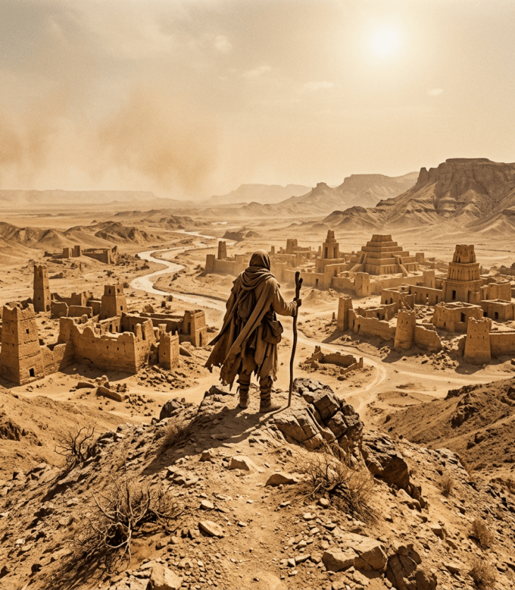 Person standing on rocky hill overlooking ancient desert city ruins and winding river