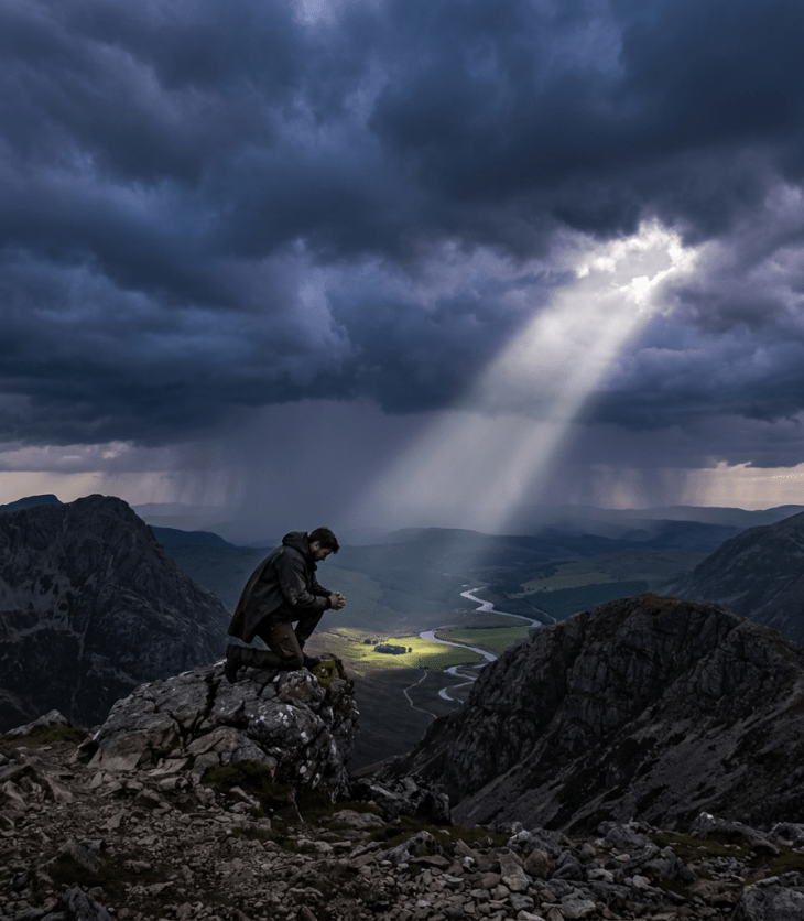 Person kneeling on rocky cliff with sunlight beam and stormy clouds