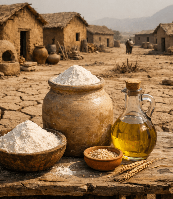 Clay jars filled with flour, seeds in a small bowl, and a glass bottle of oil on a wooden table outdoors