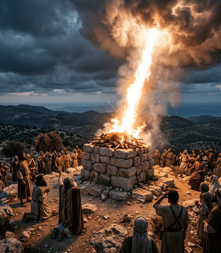 People in ancient robes gathered around a stone altar with a fire and animal sacrifice.
