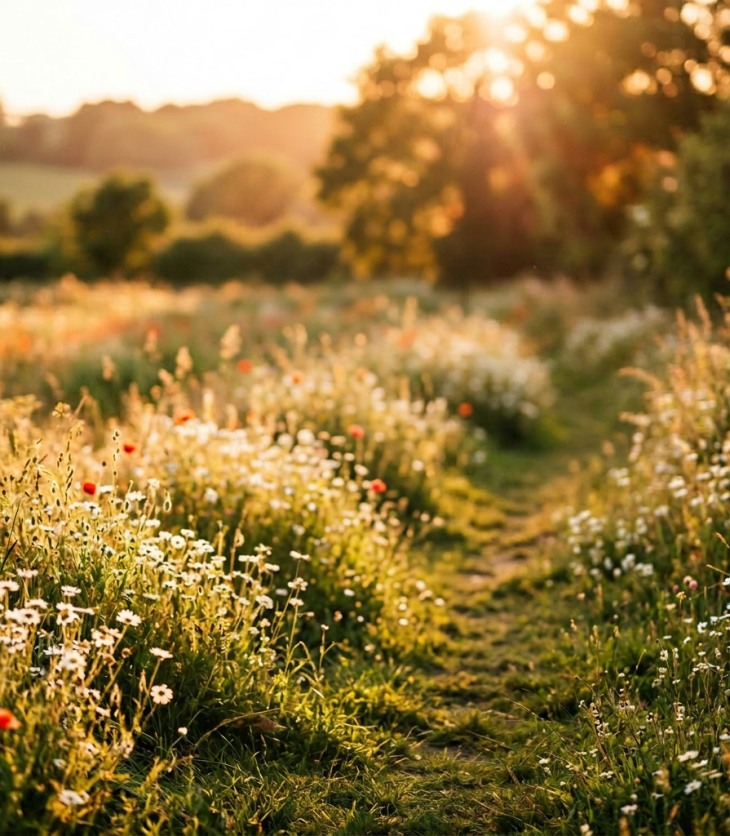Woman in floral dress dancing barefoot in a wildflower field at sunset